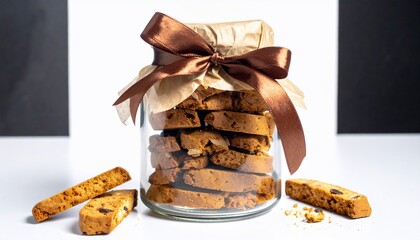 Biscotti in a glass jar tied with a brown ribbon, with some biscotti pieces next to it