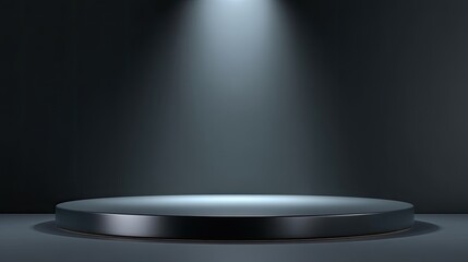 Empty circular stage with spotlight in dark room, showcasing potential for presentations, performances, and artistic displays in minimalistic setting