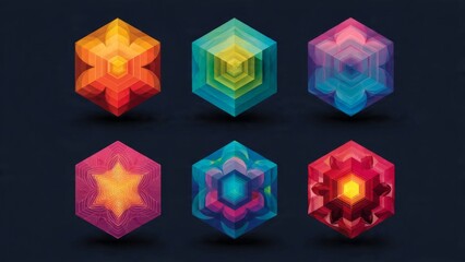 Abstract Geometric Crystals Collection, Colorful Isometric Design