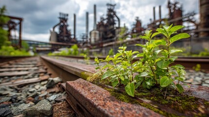 Close-up of plant life thriving along rusted train tracks, industrial background. A symbol of nature reclaiming