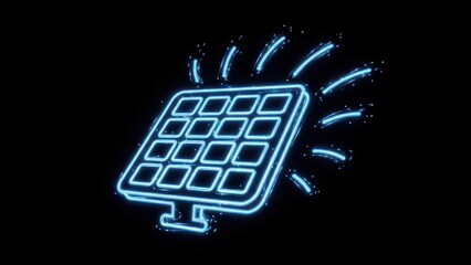 Neon solar panel icon against a black background representing renewable energy future