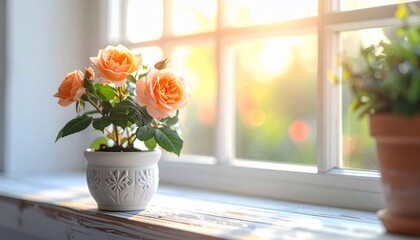 A peach-colored rose plant in a white pot sits on a windowsill, sunlit with a green background