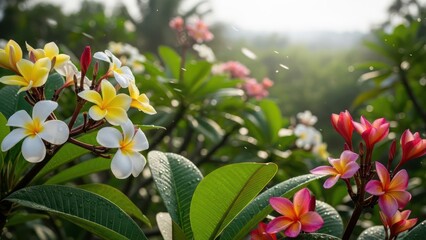 Radiant frangipani blossoms displaying vibrant hues in a tropical garden setting
