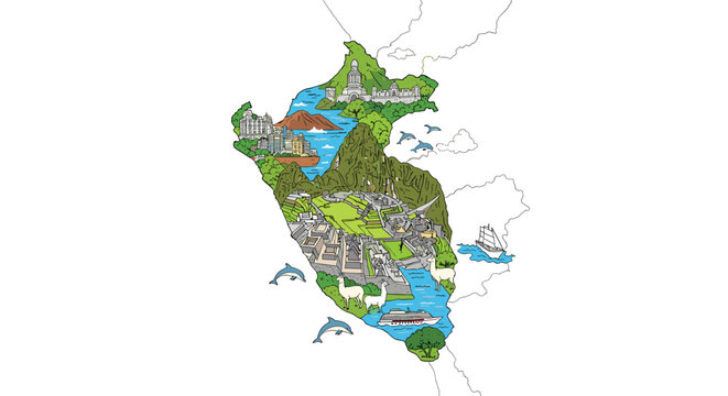 An artistic illustrated map of Peru showcasing its diverse geography and iconic tourist attractions, including Machu Picchu and wildlife.