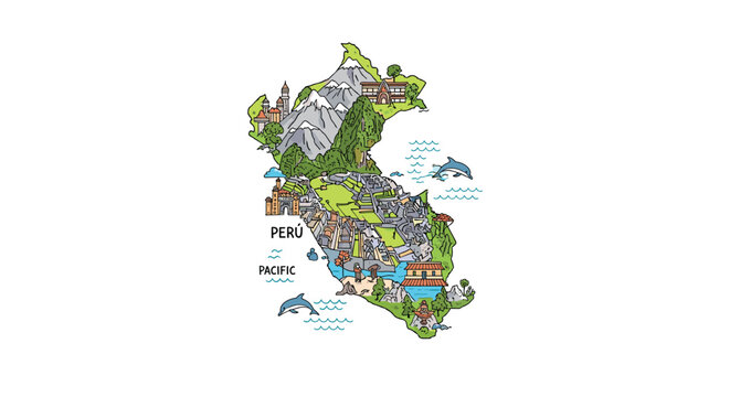 A creative and detailed illustrated travel map of Peru, highlighting famous landmarks like Machu Picchu, mountains, and local culture.