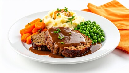 Plate of meatloaf, mashed potatoes, carrots, and peas covered with gravy