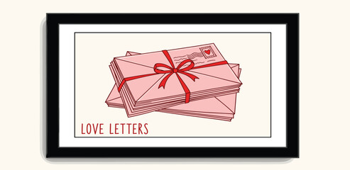 Romantic stack of vintage pink love letters tied with a red ribbon, beautifully framed illustration symbolizing affection, longing, and heartfelt communication