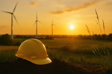 Renewable energy project in engineering sector shows yellow safety helmet on soil with wind turbines at sunset symbolizing power work and inspection technology in field