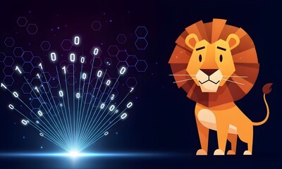 Geometric lion with binary code explosion in dark background