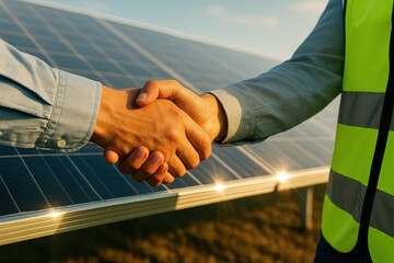 Two professionals shake hands near solar panels symbolizing renewable energy technology work in engineering sector during power project inspection with positive collaboration and success
