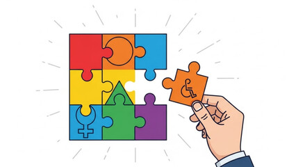 A hand placing a puzzle piece with a disability symbol into a colorful jigsaw puzzle representing diversity inclusion and accessibility with solution