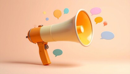 An orange and beige megaphone floats, with colorful speech bubbles
