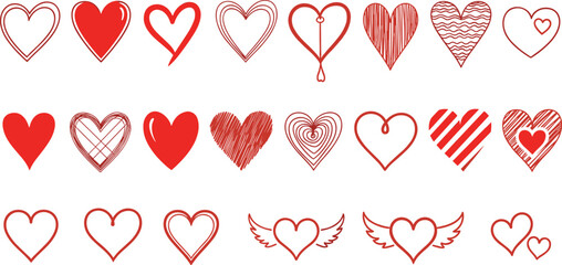 Collection of various red heart illustrations, perfect for Valentine's Day, love, and romantic themes