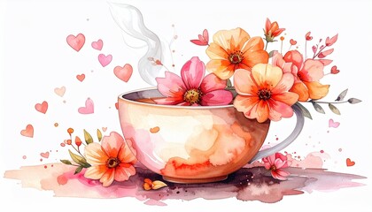 Watercolor cup of tea with orange and pink flowers, steam, and hearts on a white background