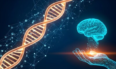 Innovative biotechnology concept with DNA, brain and hand