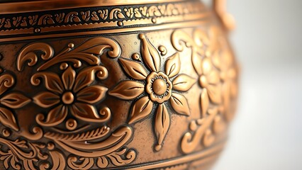 unstylish. Copper vessel with intricate Ottoman floral patterns, detailed metalwork close-up. event programs, museum guides, designed for cultural heritage projects and event programs.