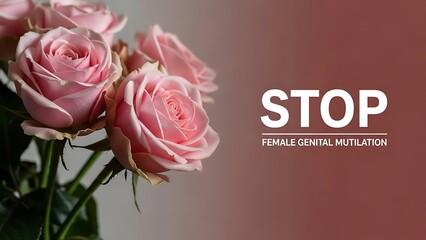 A bouquet of pink roses with a bold stop sign on a muted background