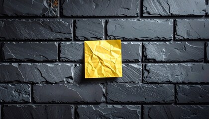 Crumpled yellow paper stuck on a dark gray brick wall, centered