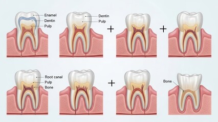 Dental degradation process featuring enamel, dentin, pulp, root canal, and bone destruction