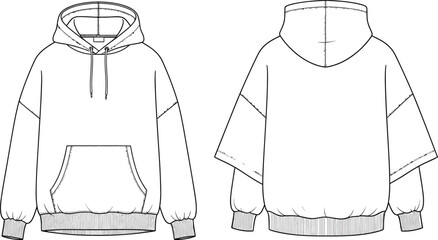Technical sketch of a loose fitting white hoodie with kangaroo pocket and ribbed details