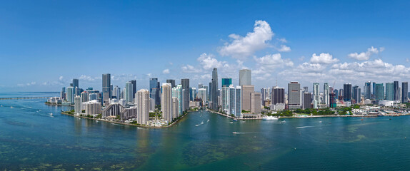 Panorama of Brickell in Miami. Brickell skyline on a sunny day. Panorama view of Brickell. Brickell...