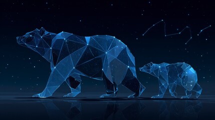 Digital rendering of a mother bear and cub, created with interconnected geometric shapes, set against a dark blue background with constellation elements
