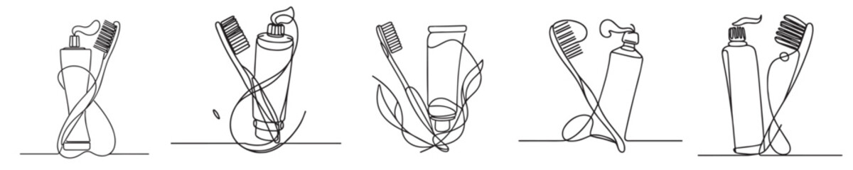 toothpaste and toothbrush vector continuous line style