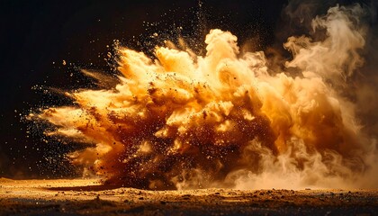 A vibrant orange and yellow explosion cloud erupts from ground against a dark backdrop