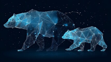 Digital rendering of bear family silhouettes, formed by connected blue points against a dark blue background, depicting constellation