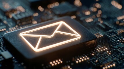 Close-up of a glowing digital envelope icon on a circuit board, representing email communication. Focus is sharp
