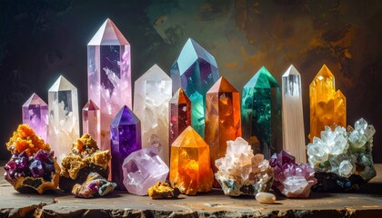 A dazzling collection of colorful, faceted mineral crystals arranged on a textured surface