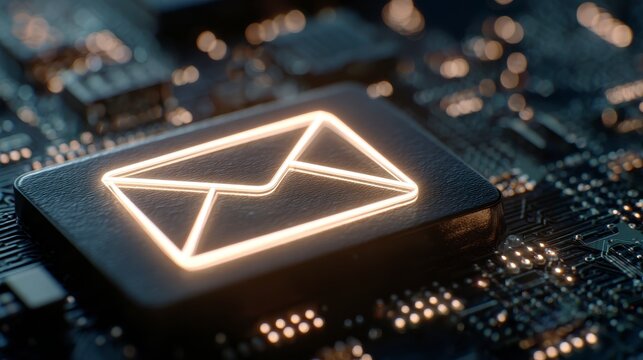 Close-up of a glowing digital envelope icon on a circuit board, representing email communication. Focus is sharp - Powered by Adobe
