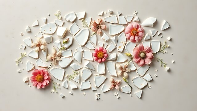 guyot. Broken porcelain fragments reassembled into an elegant floral mosaic on a neutral surface, top-down view. menu design.