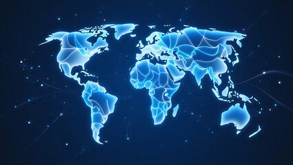 A stunning blue digital world map showcasing global network and interconnected data flow