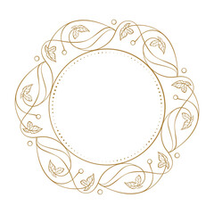 Elegant gold leaf circle. Minimal botanical frame with curved line decoration