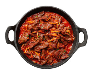 Stewed beef with onions in a pan