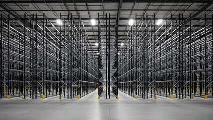 Modern empty warehouse with high capacity metal storage racks