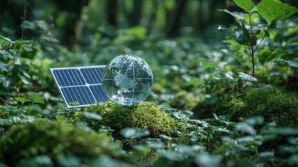 A globe made of glass and solar panel sit among vibrant forest greenery, promoting renewable energy