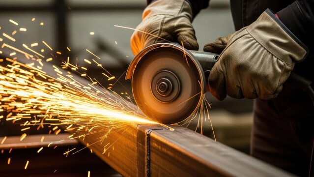 Industrial craftsmanship: Metal worker using an angle grinder with intense sparks - Powered by Adobe