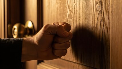 Urgent summons: A fist knocking vigorously on a solid wooden door requesting immediate attention