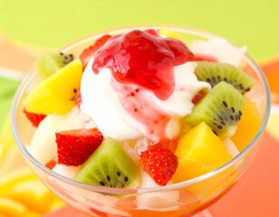 Delicious fruit salad with yogurt and strawberry sauce in glass bowl