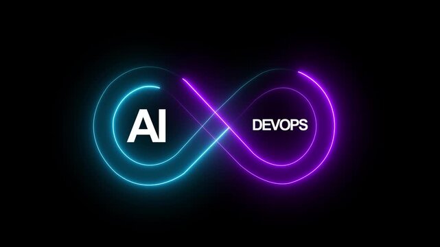 Neon glowing AI DevOps infinity loop animation showing secure development operations and security integration for continuous software delivery and automation process.4k video motion graphic animation