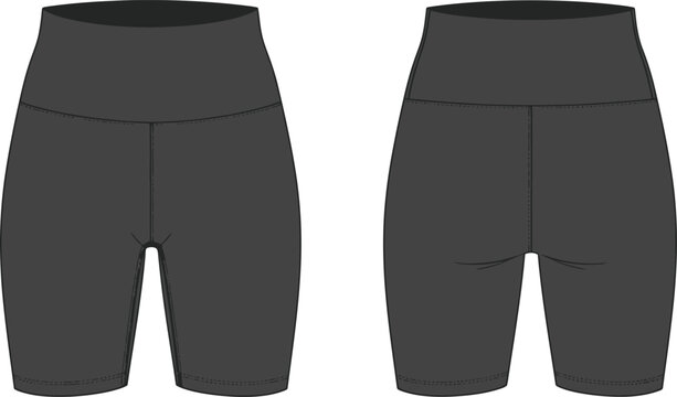 A detailed illustration of two pairs of dark gray high waisted cycling shorts front and back views