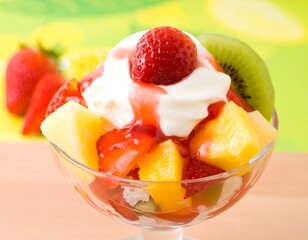 Delicious fruit salad with whipped cream and strawberry sauce