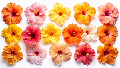 Fifteen colorful hibiscus blossoms of varying hues displayed on a stark white background