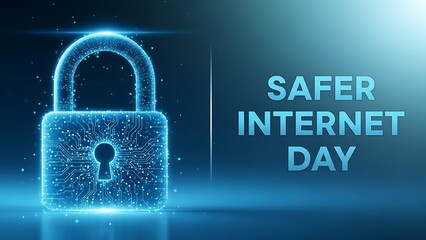 Safer internet day with glowing blue digital lock and circuit board design