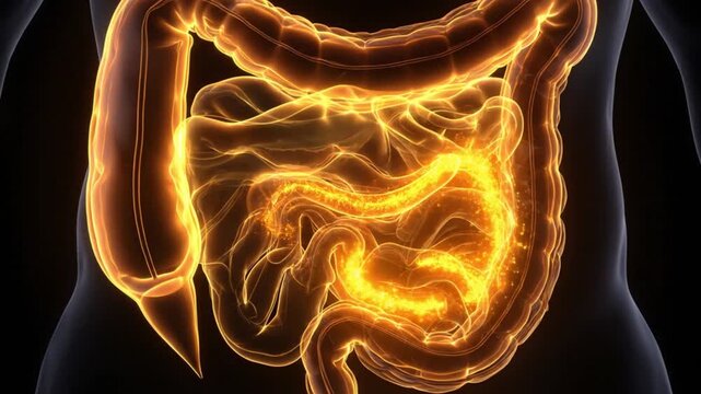 Glowing orange digestive anatomy highlighted inside a transparent torso, emphasizing intestines lit