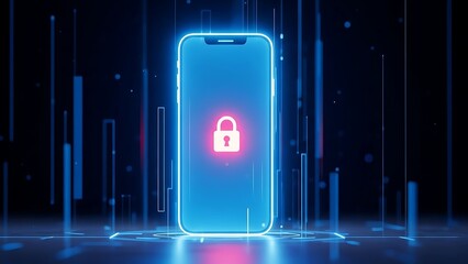 A smartphone with a glowing blue outline and a padlock on its screen