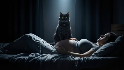 Pregnant woman sleeping in dark bedroom with black cat, maternity health concept for blogs, prenatal education, mental health awareness, stock photography