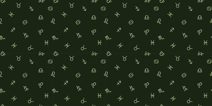 Seamless Dark green background with scattered zodiac signs pattern